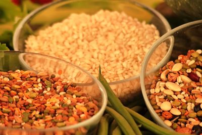 High angle view of different tipe of cereals in bowls