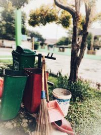 Close-up of drinks on table at yard