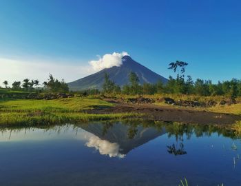 Scenic view of lake against blue sky