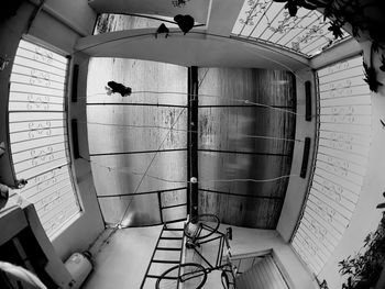 High angle view of piano seen through glass window