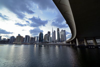 Dubai, uae  dubai skyline from marasi st, dubai business bay, dubai canal, near burj khalifa 