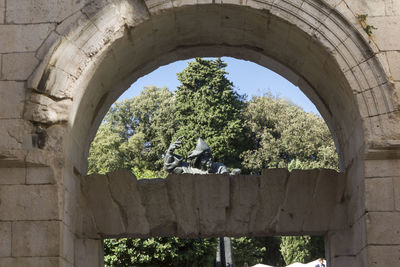 Low angle view of tree against sky seen through arch window