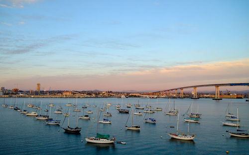 Sailboats moored in harbor at sunset