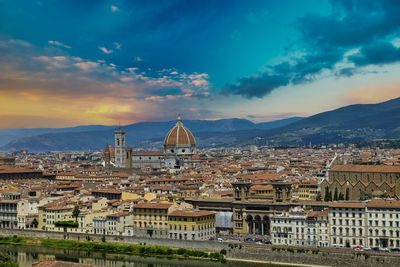 View of buildings in city against cloudy sky