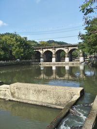 Arch bridge over river against sky