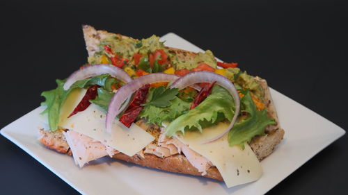High angle view of salad served in plate on table