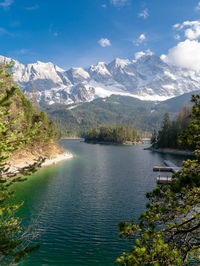 Scenic view of lake and mountains against sky