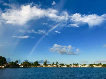 Scenic view of rainbow over sea against sky