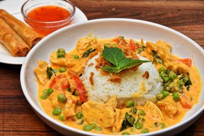 Close-up of food served in plate on table