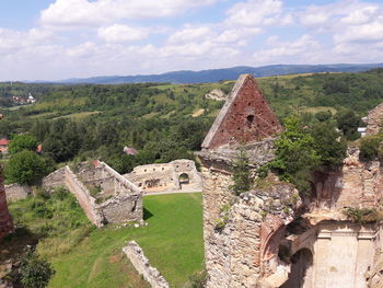 High angle view of old ruins against sky