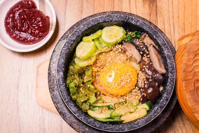 High angle view of food in plate on table