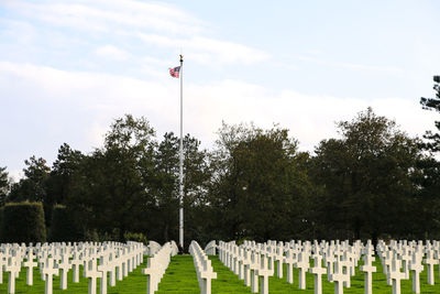 Low angle view of flags against sky