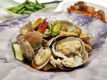 Close-up of meal served on table