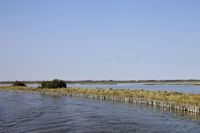 Scenic view of calm sea against clear sky