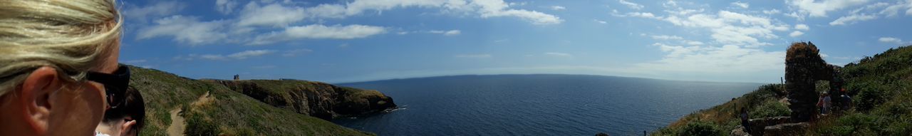 Rear view of man looking at sea against sky