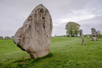 View of rocks on field against sky