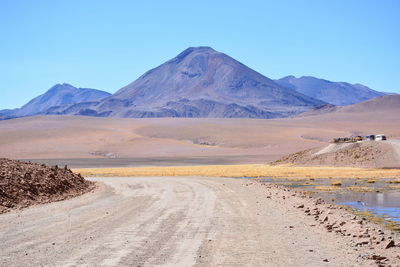 Scenic view of desert against clear blue sky