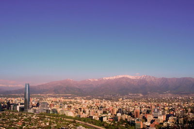 Aerial view of cityscape against blue sky