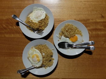 High angle view of breakfast on table