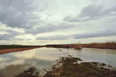 Scenic view of lake against cloudy sky