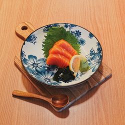 High angle view of seafood in plate on table