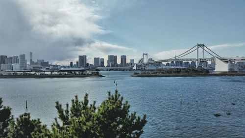 Scenic view of river by city against sky