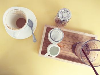 High angle view of coffee on table