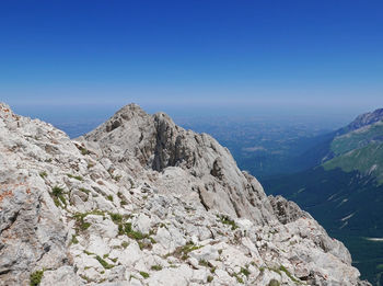 Scenic view of mountains against clear blue sky