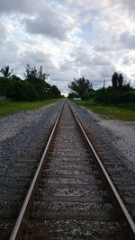 Surface level of railroad tracks against sky