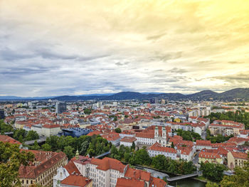 Beautiful view over the old city center of graz, with mariahilfer church n styria , austria