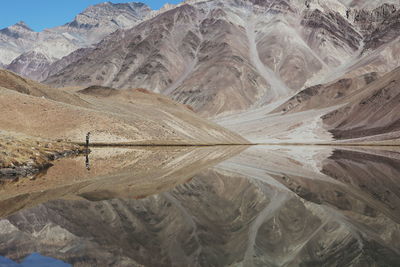 Mid distant view of man standing at lakeshore against rocky mountains