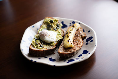 High angle view of breakfast in plate on table