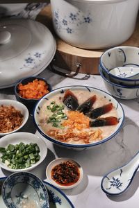 High angle view of food served on table