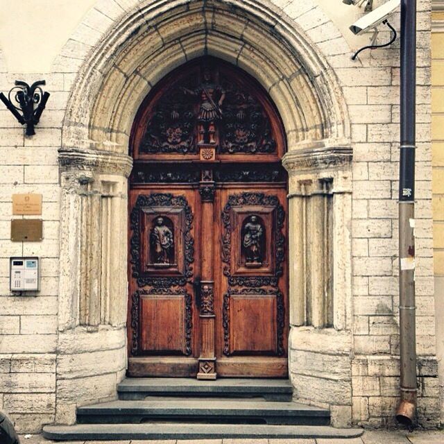 door, architecture, built structure, entrance, building exterior, arch, closed, religion, old, church, facade, doorway, wood - material, place of worship, ornate, history, window, house, day