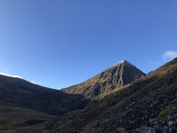 Scenic view of mountains against clear blue sky