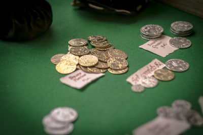 High angle view of coins on table