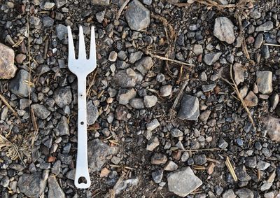 High angle view of plastic fork on field