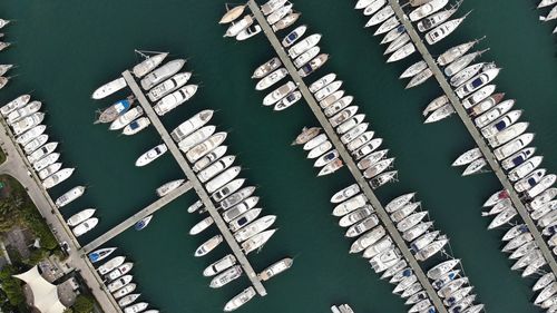 High angle view of boats moored in harbor