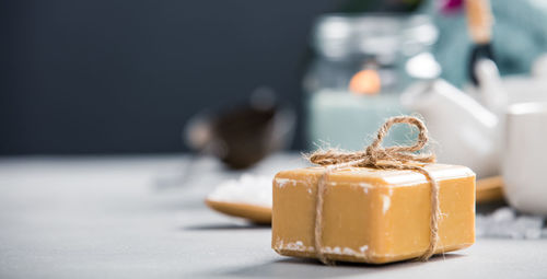 Close-up of soap on table