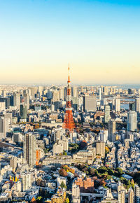 Aerial view of cityscape against clear sky during sunset