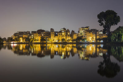 View of city lit up at night