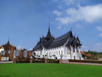 View of temple against building