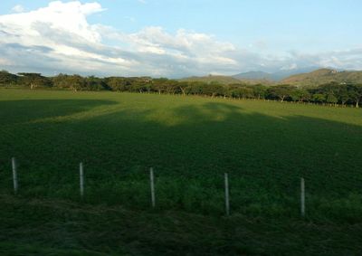 Scenic view of grassy field against cloudy sky