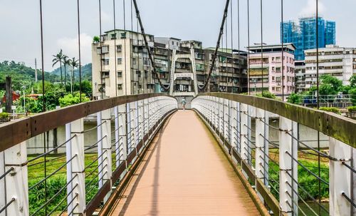 Remote person walking on a narrow suspended bridge