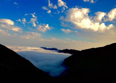 Scenic view of mountains against sky during sunset