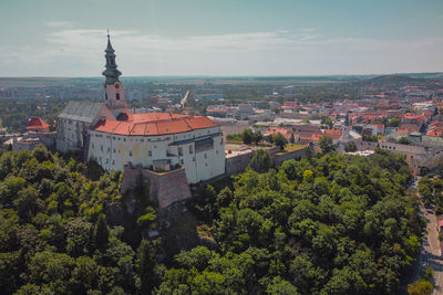 High angle view of buildings in city