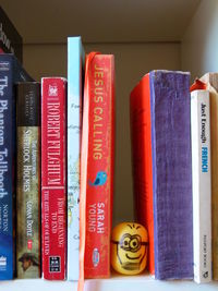 Close-up of books on shelf