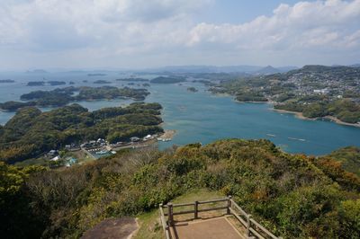 High angle view of bay against sky