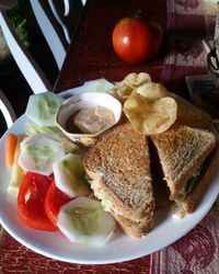 High angle view of breakfast served on table