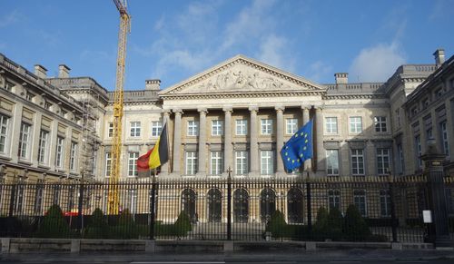 Exterior facade of the palais de la nation, belgian federal parliament building in brussels, belgium